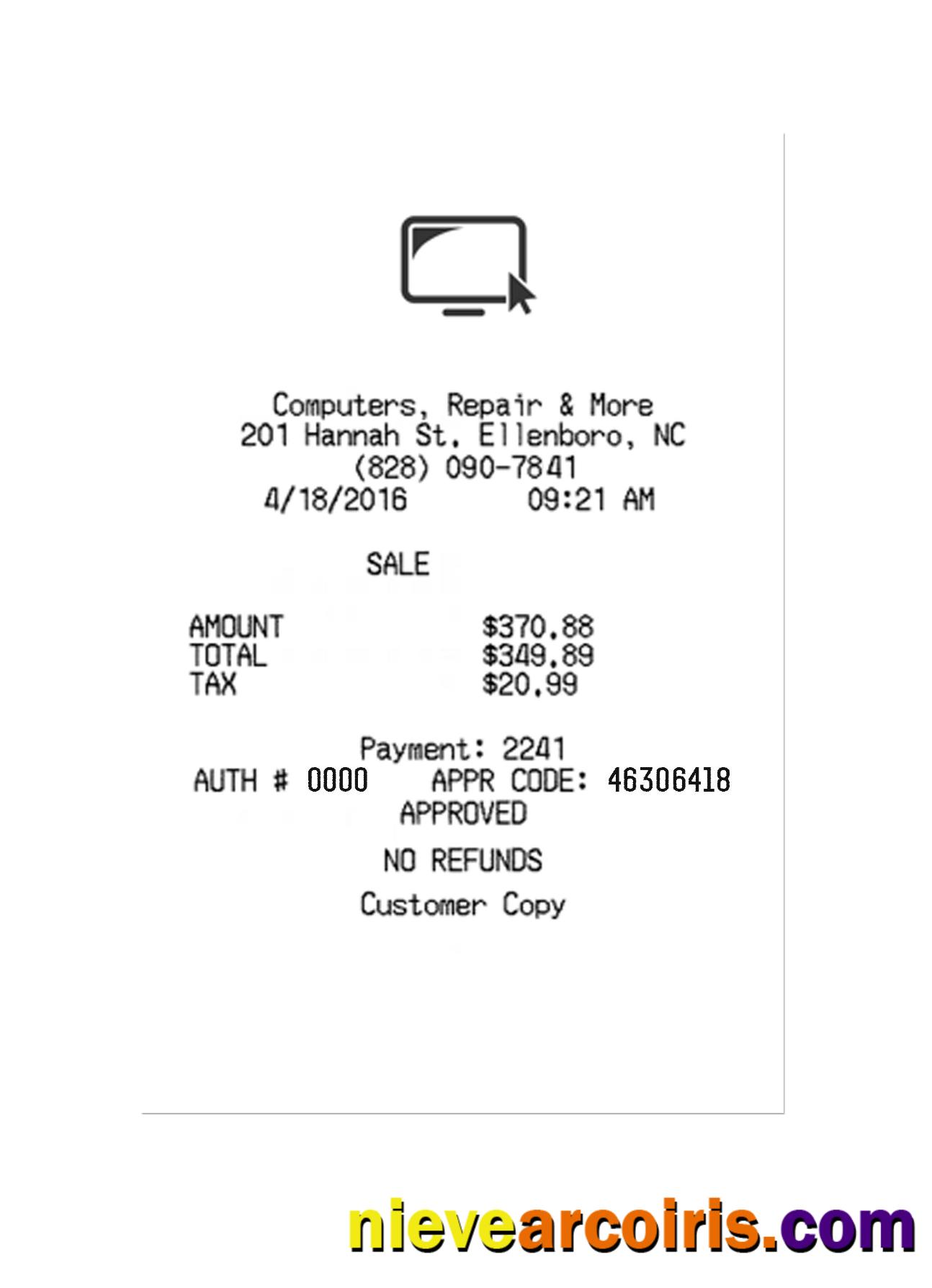 COMPUTERS,REPAIR & MORE payment receipt